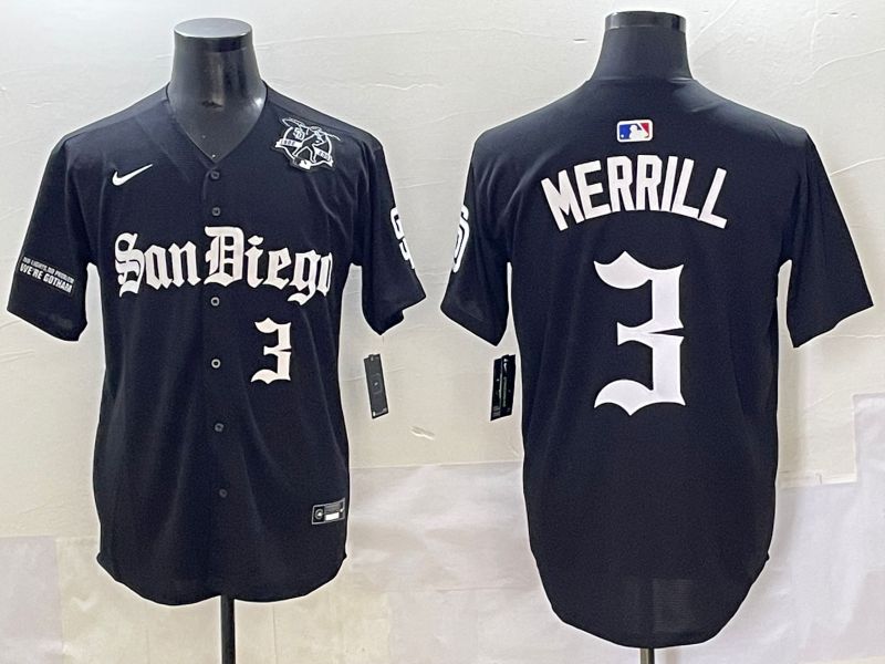 Men 2025 San Diego Padres #3 Merrill Black Five generations Joint Name Nike MLB Jersey style 11->san diego padres->MLB Jersey